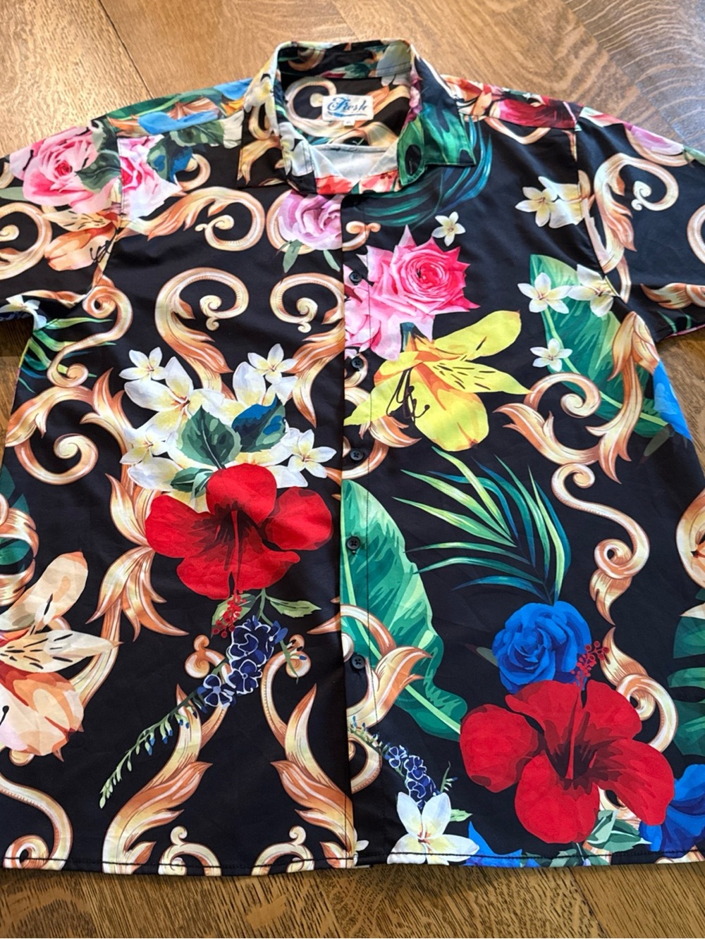 Fresh Prince of Bel Air Black Floral Shirt with Red, Yellow, Blue & Pink Blooms